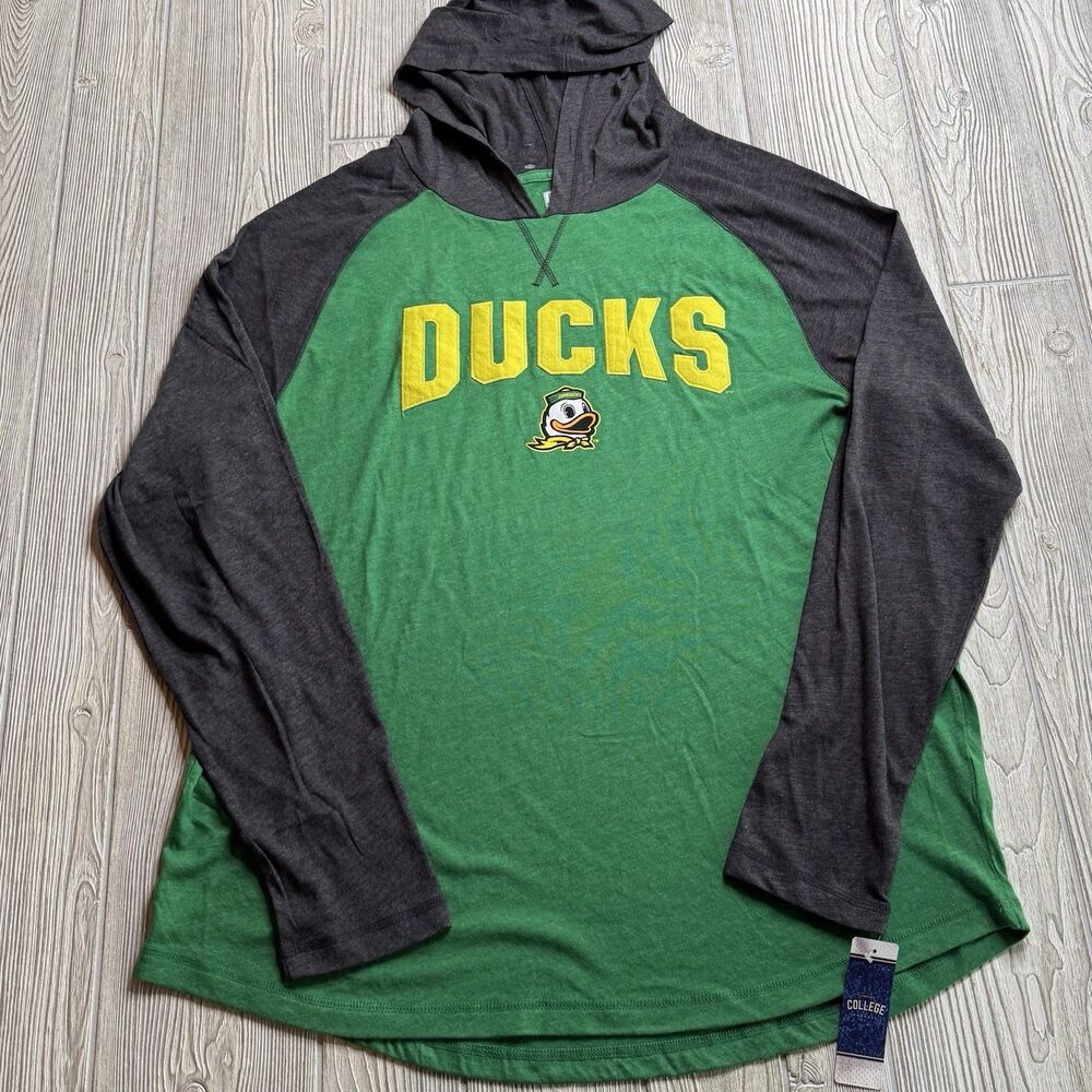 Oregon Ducks Logo LS Raglan Hooded Tee Men’s XXL Green Gray Soft Box Seats NWT